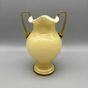 Vintage Czech Handblown Glass Vase Applied Handles Buttery Yellow Cased Ruffled